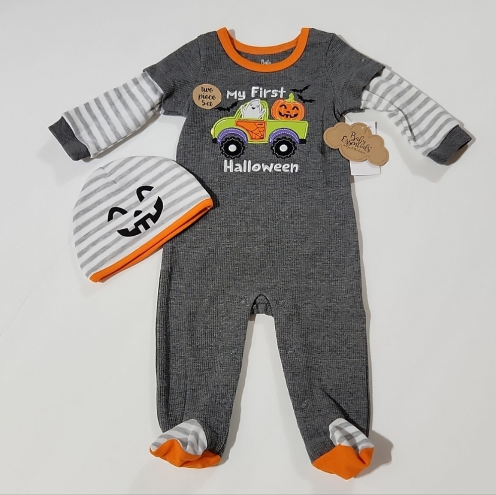 Baby Essentials My First Halloween 2 Pc Pumpkin Truck Romper & Hat Set 3M